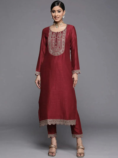 Maroon Yoke Design Silk Kurta - Libas