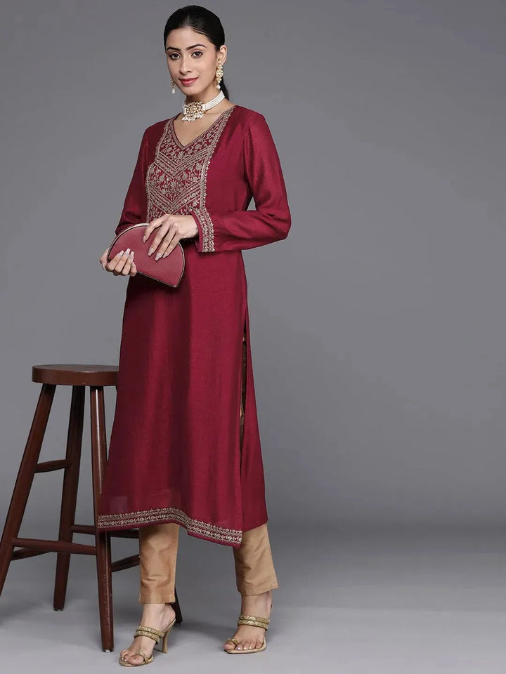 Maroon Yoke Design Silk Kurta - Libas