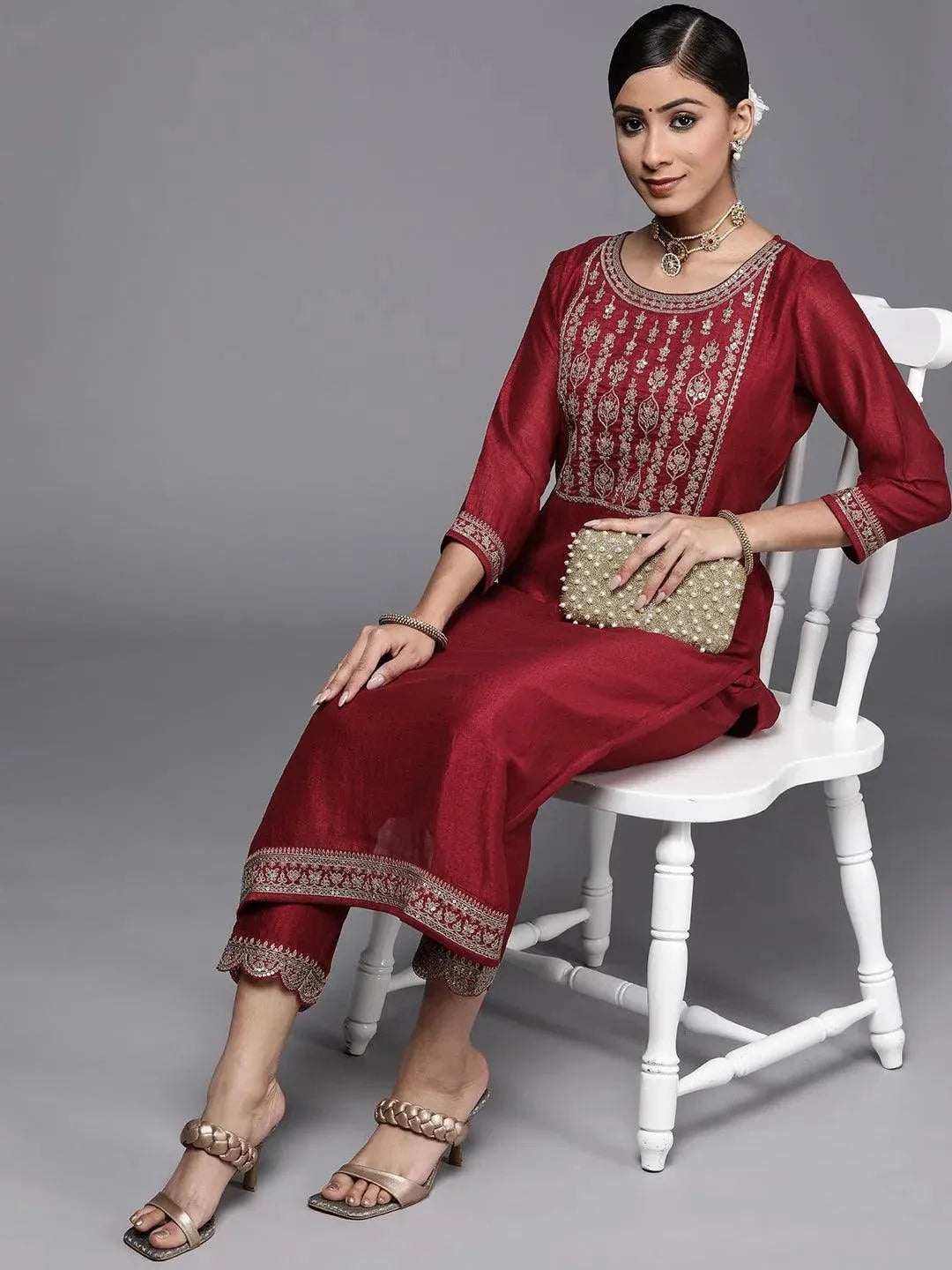 Maroon Yoke Design Silk Kurta - Libas