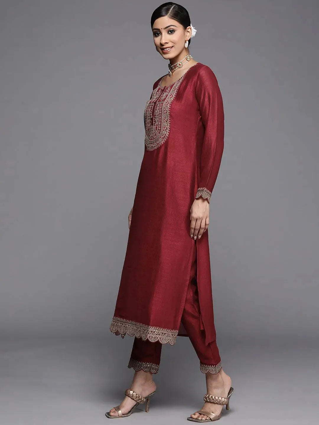 Maroon Yoke Design Silk Kurta - Libas