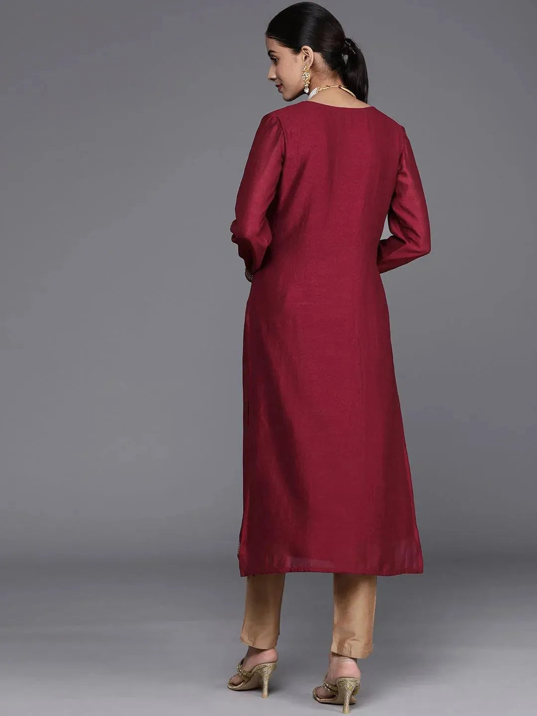 Maroon Yoke Design Silk Kurta - Libas 