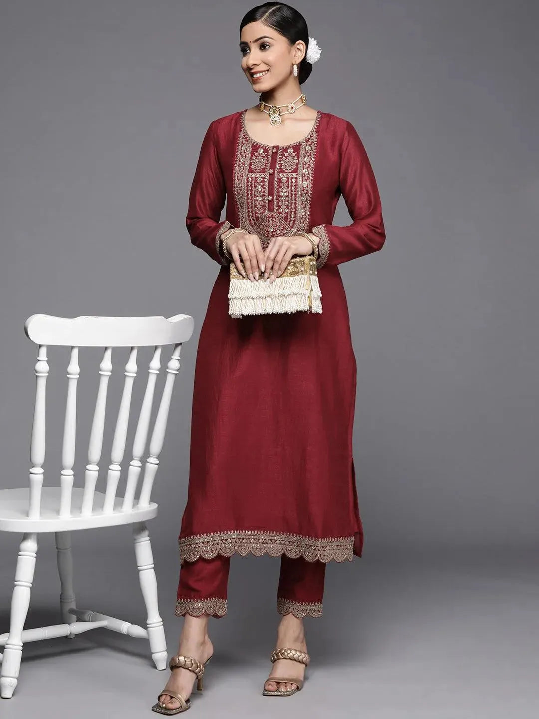 Maroon Yoke Design Silk Kurta - Libas