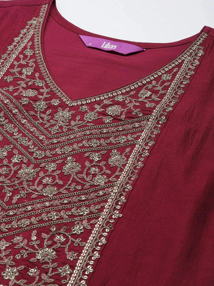 Maroon Yoke Design Silk Kurta - Libas