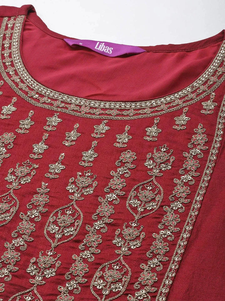 Maroon Yoke Design Silk Kurta - Libas