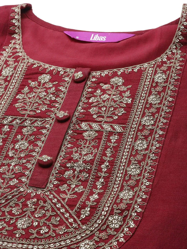 Maroon Yoke Design Silk Kurta - Libas