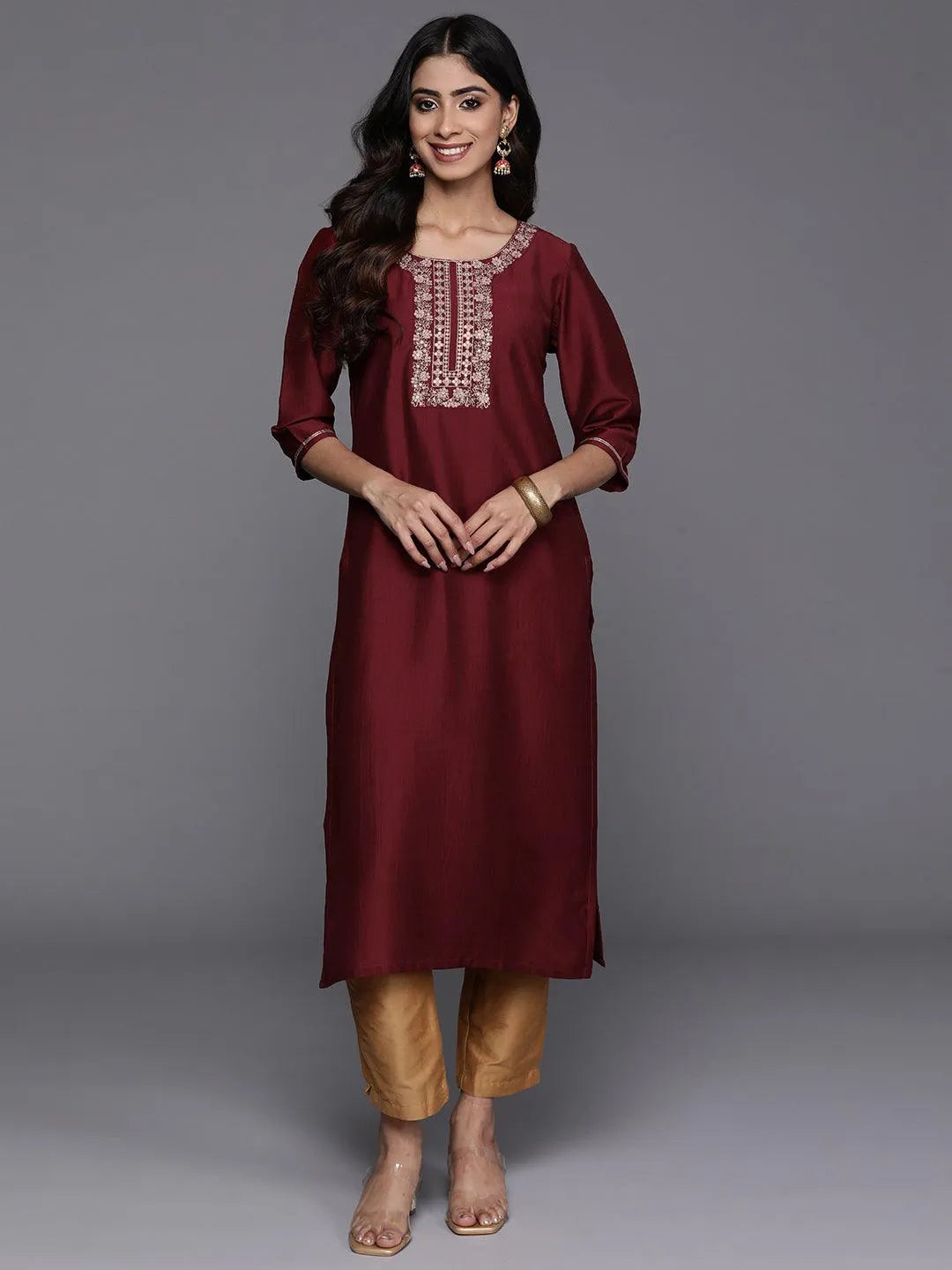 Maroon Yoke Design Silk Straight Kurta - Libas 