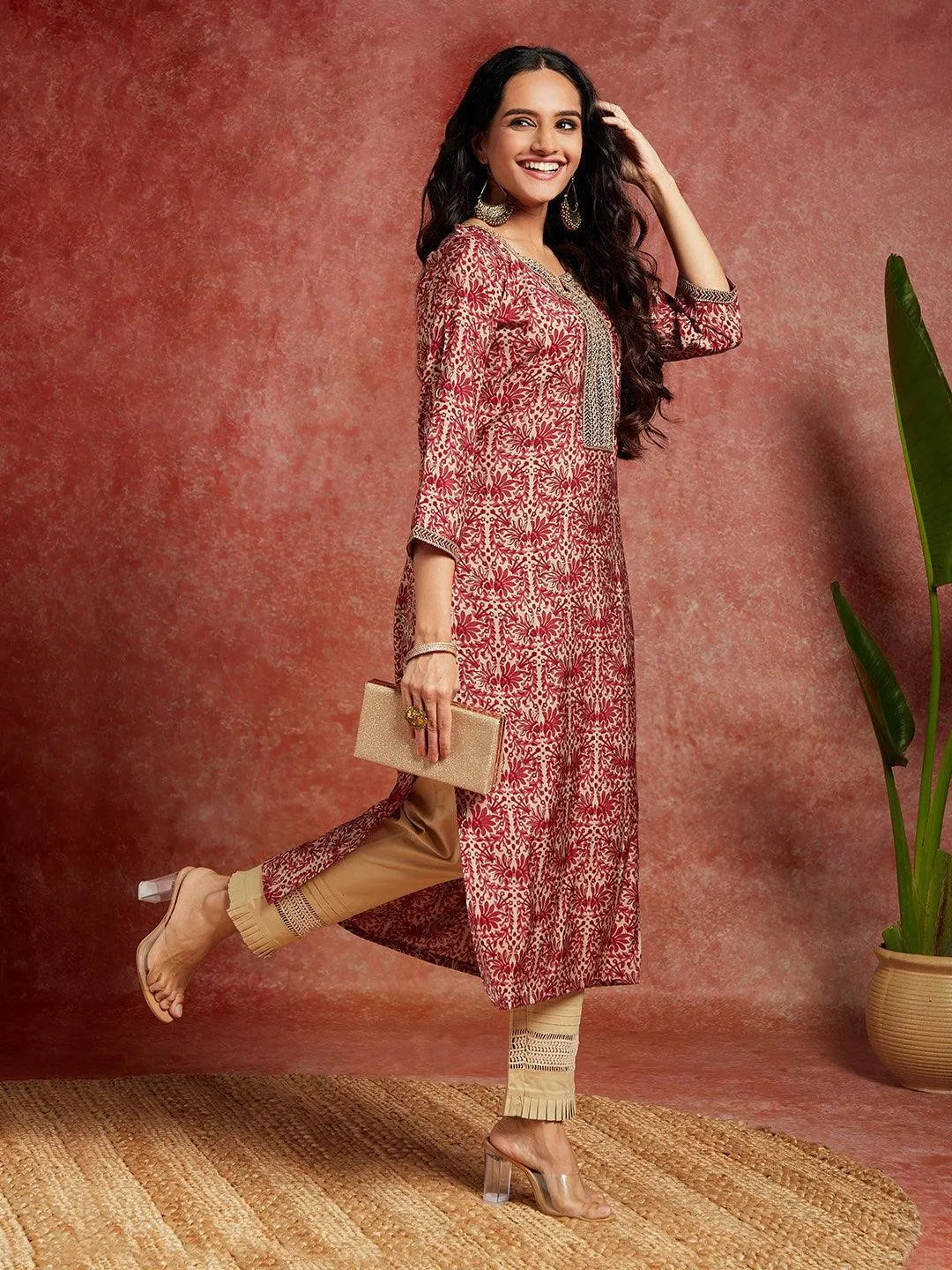 Maroon Yoke Design Silk Straight Kurta - Libas 