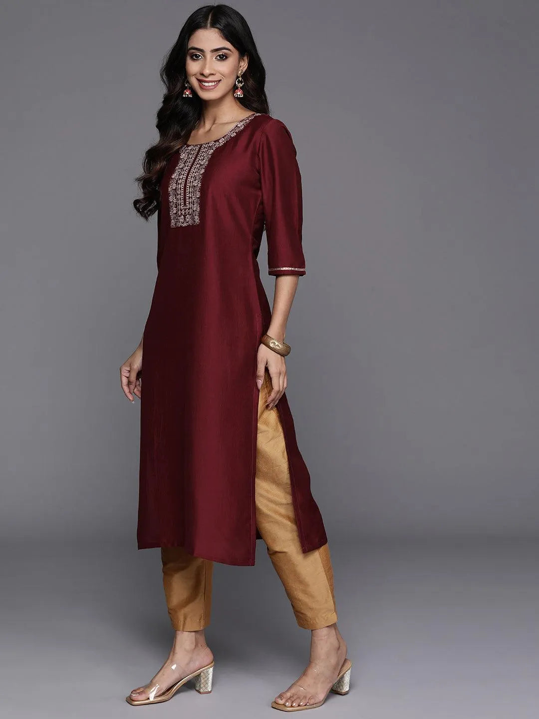 Maroon Yoke Design Silk Straight Kurta - Libas 