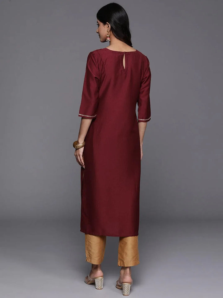 Maroon Yoke Design Silk Straight Kurta - Libas