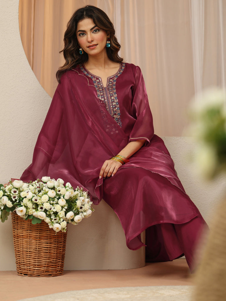 Gerua Maroon Yoke Design Tissue Straight Suit Set