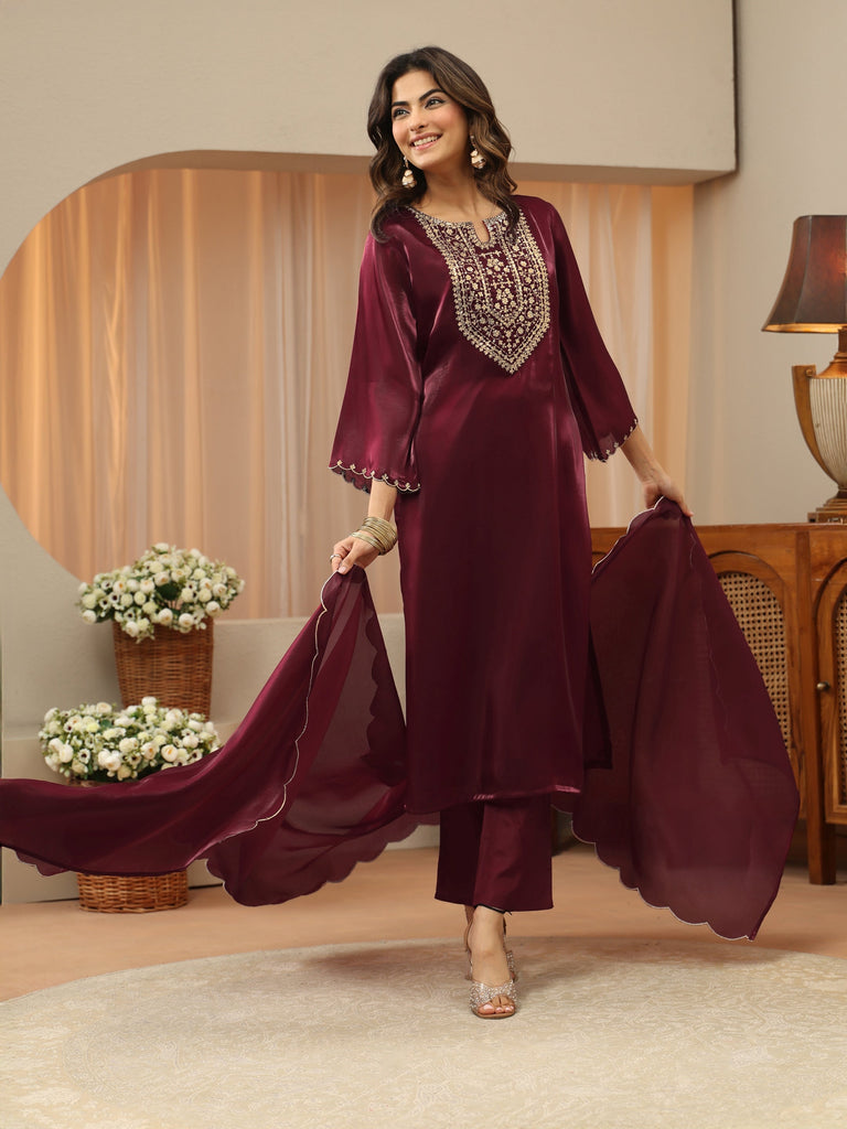 Gerua Maroon Yoke Design Tissue Straight Suit Set