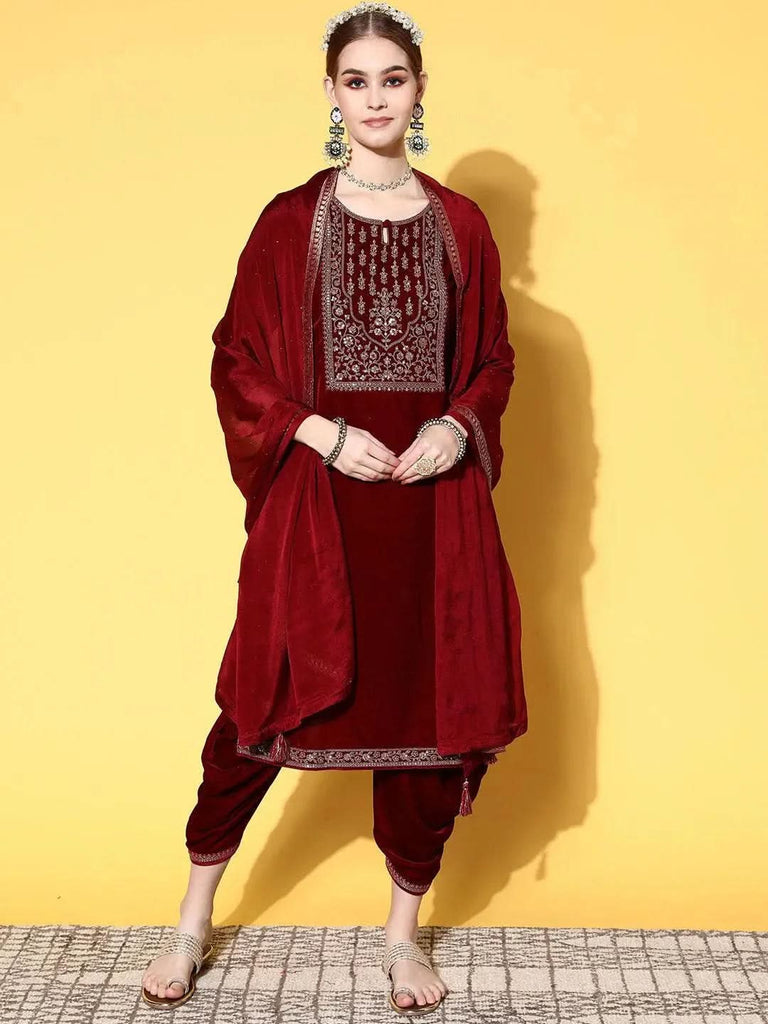 Libas Maroon Yoke Design Velvet Straight Kurta With Dhoti Pant & Dupatta