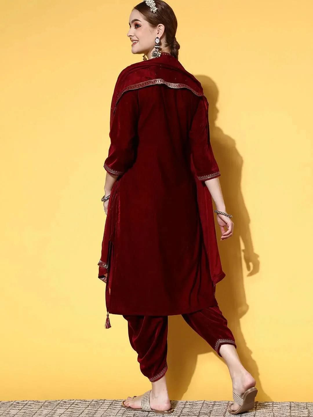 

Maroon Yoke Design Velvet Straight Kurta With Dhoti Pant & Dupatta
