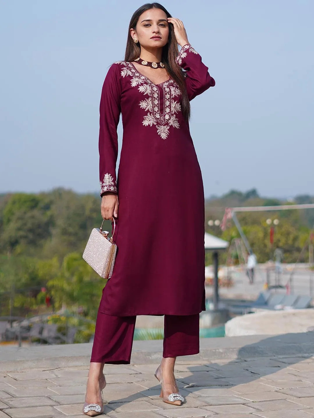 Maroon Yoke Design Wool Blend Straight Kurta With Palazzos - Libas 