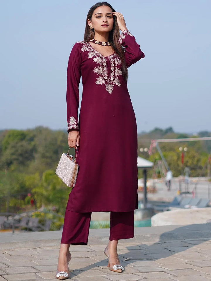 Maroon Yoke Design Wool Blend Straight Kurta With Palazzos - Libas