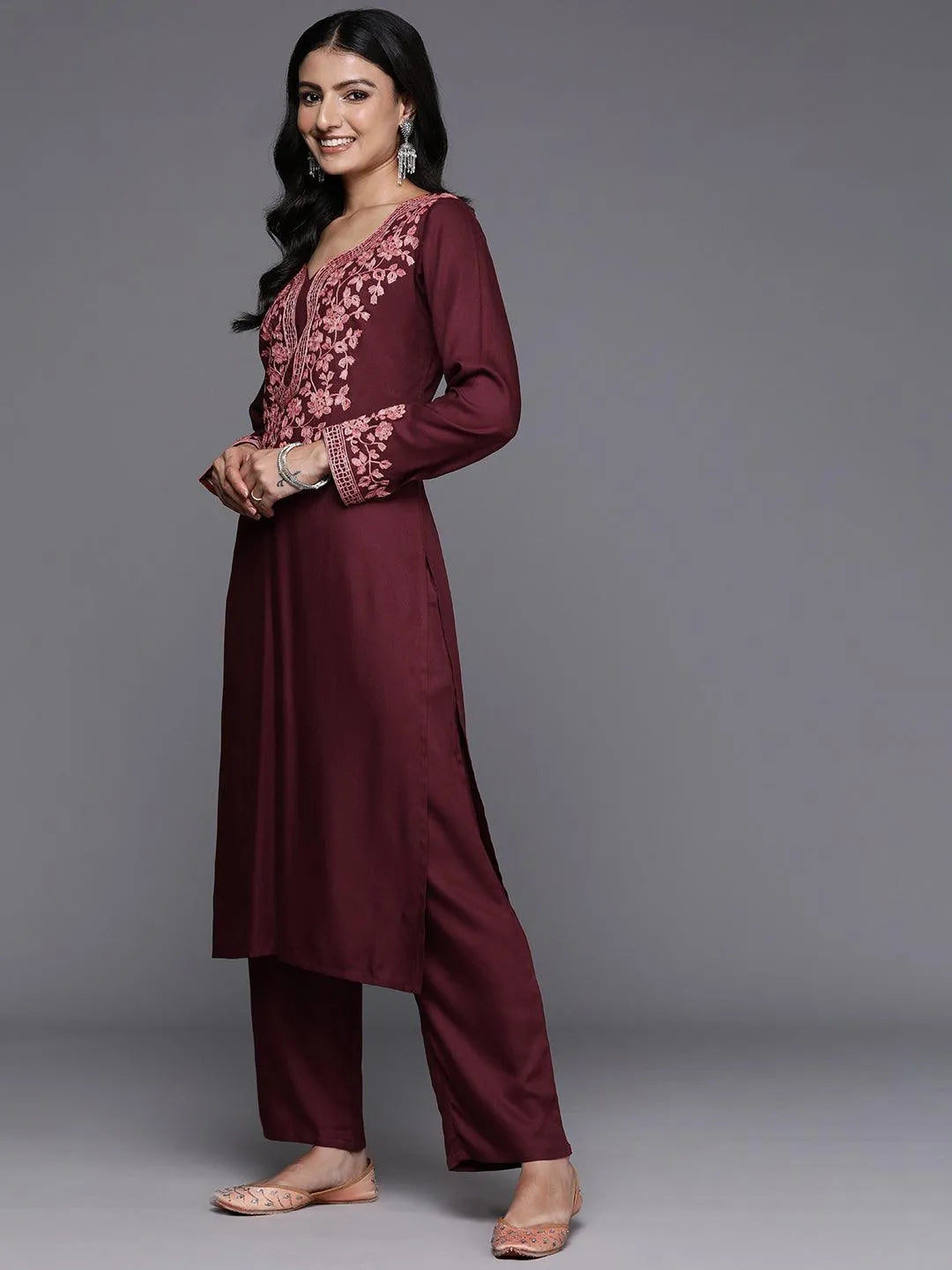 Maroon Yoke Design Wool Blend Straight Kurta With Palazzos - Libas 