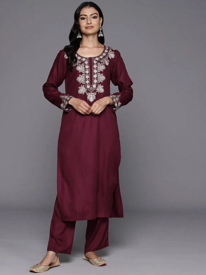 Maroon Yoke Design Wool Blend Straight Kurta With Palazzos - Libas