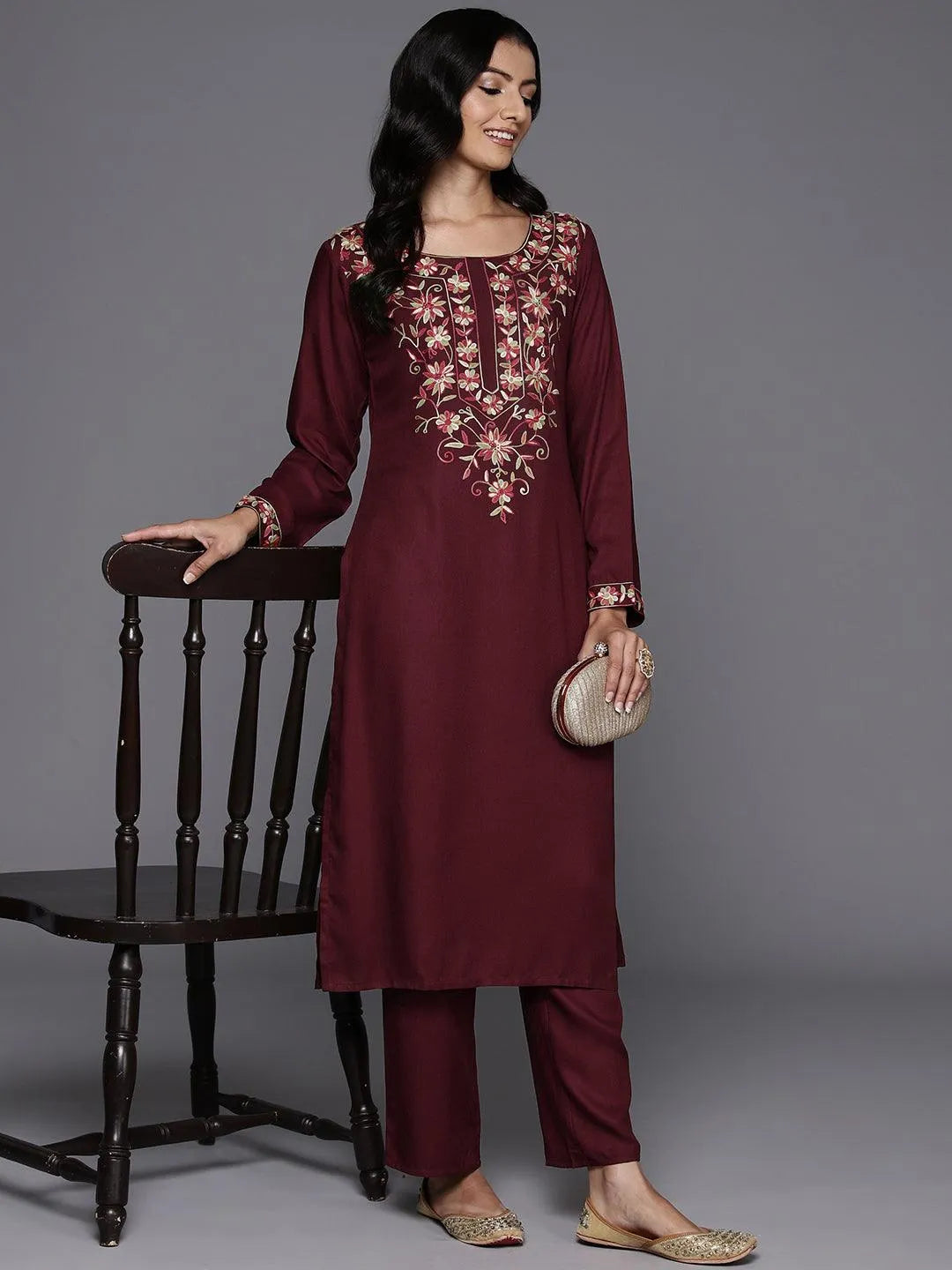 Maroon Yoke Design Wool Blend Straight Kurta With Palazzos - Libas 