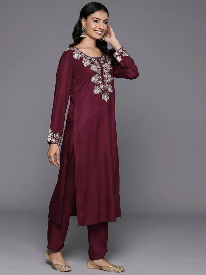 Maroon Yoke Design Wool Blend Straight Kurta With Palazzos - Libas