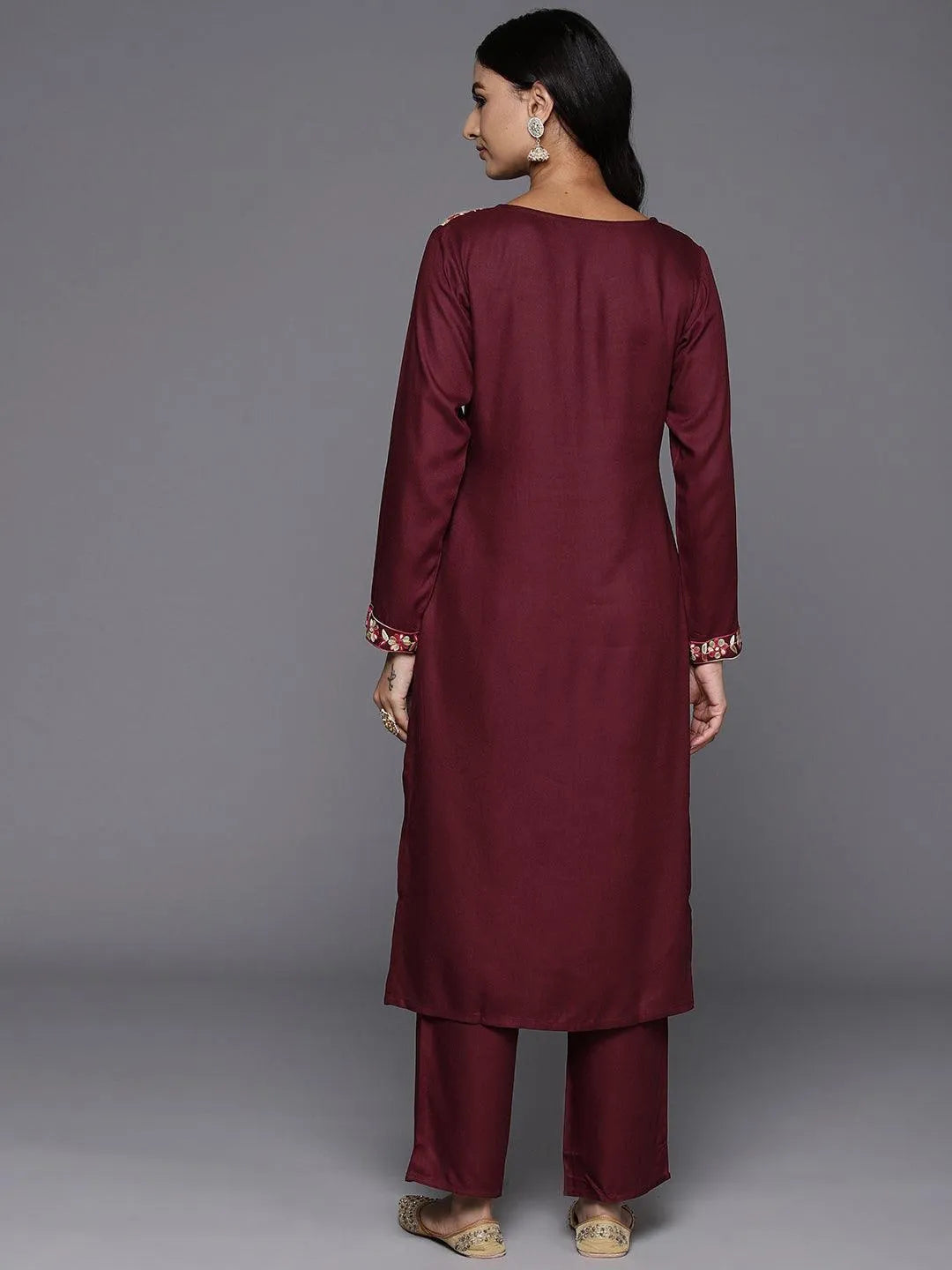 Maroon Yoke Design Wool Blend Straight Kurta With Palazzos - Libas 