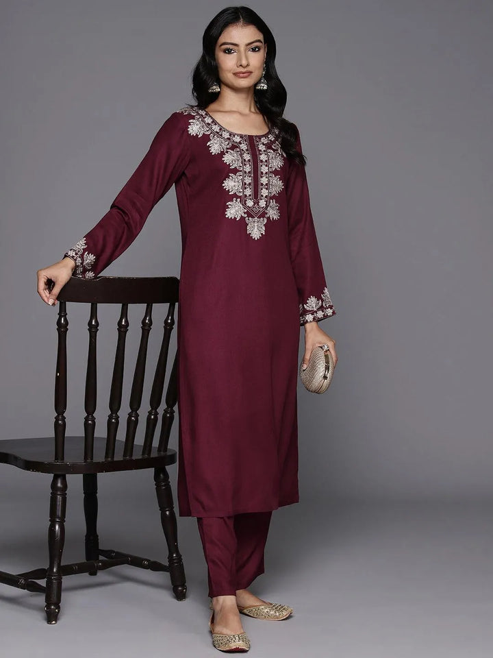 Maroon Yoke Design Wool Blend Straight Kurta With Palazzos - Libas