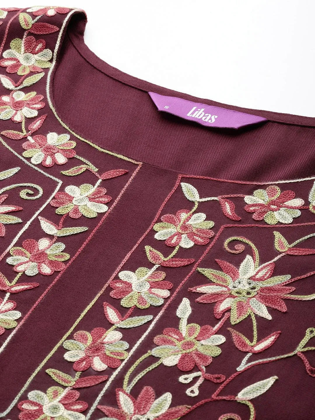 Maroon Yoke Design Wool Blend Straight Kurta With Palazzos - Libas 