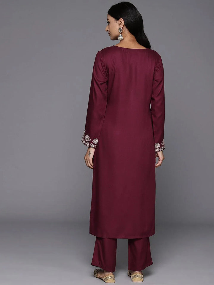 Maroon Yoke Design Wool Blend Straight Kurta With Palazzos - Libas