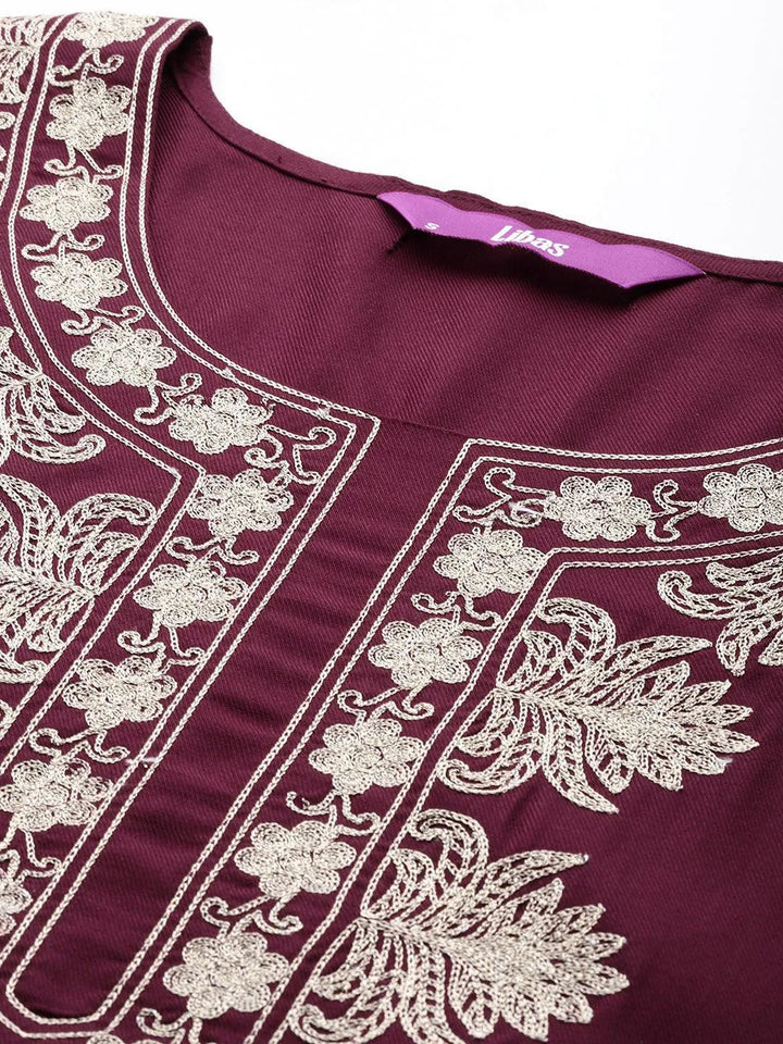 Maroon Yoke Design Wool Blend Straight Kurta With Palazzos - Libas
