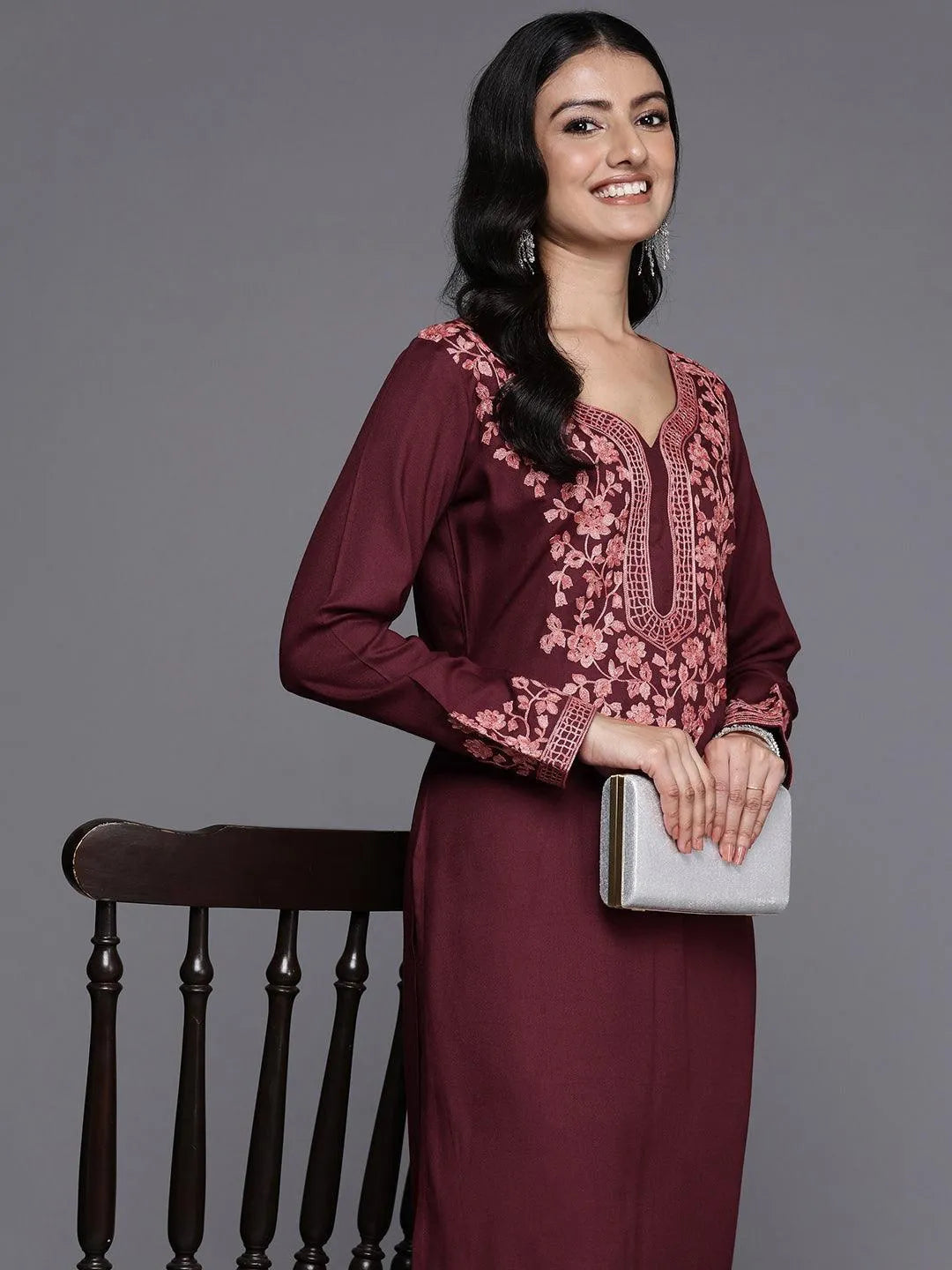 Maroon Yoke Design Wool Blend Straight Kurta With Palazzos - Libas 