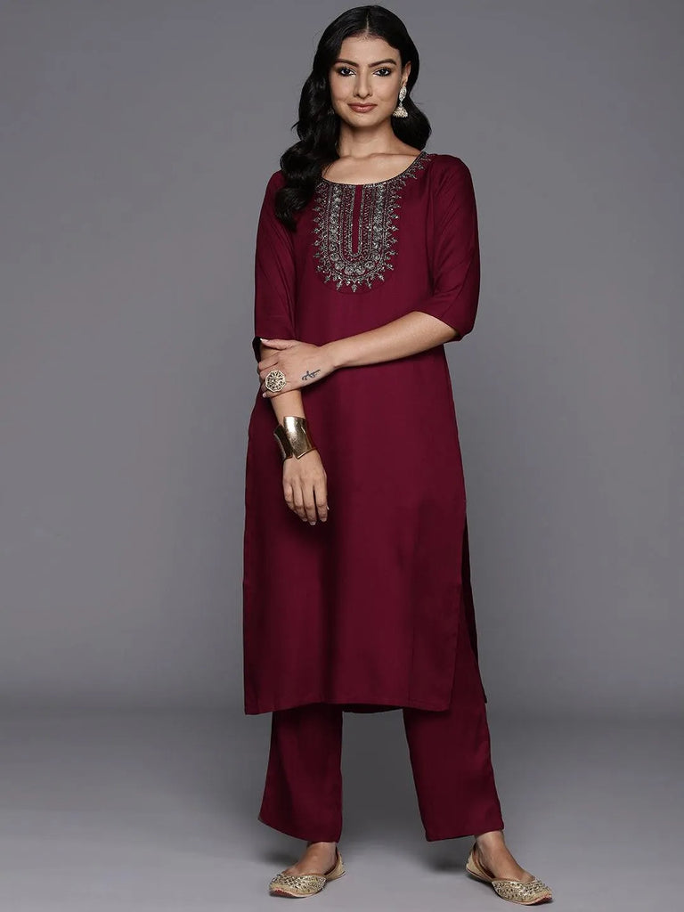 Libas Maroon Yoke Design Wool Blend Straight Kurta Set