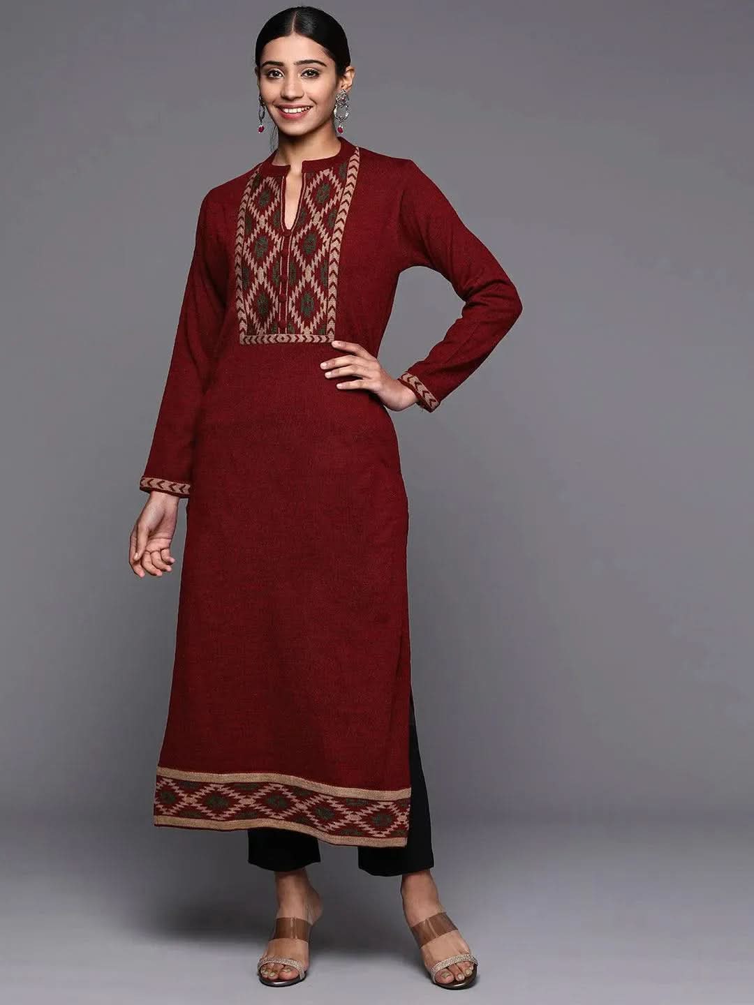 Maroon Yoke Design Wool Straight Kurta - Libas 