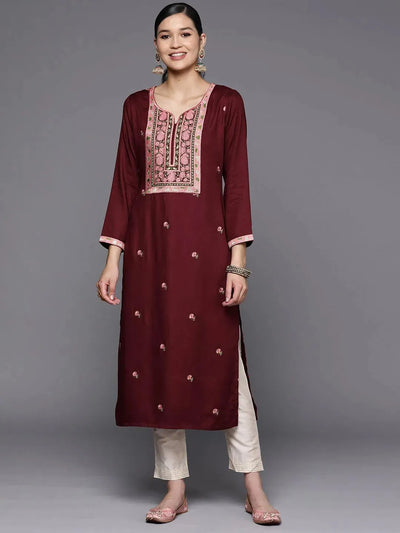 Maroon Yoke Design Wool Straight Kurta - Libas