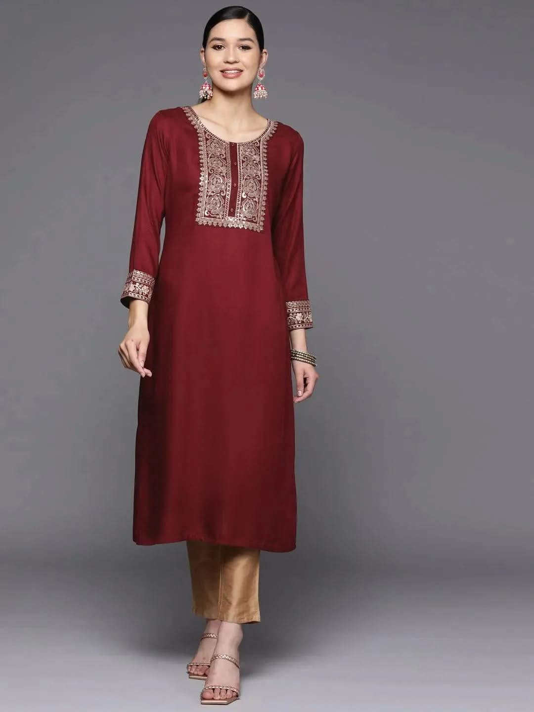 Maroon Yoke Design Wool Straight Kurta - Libas