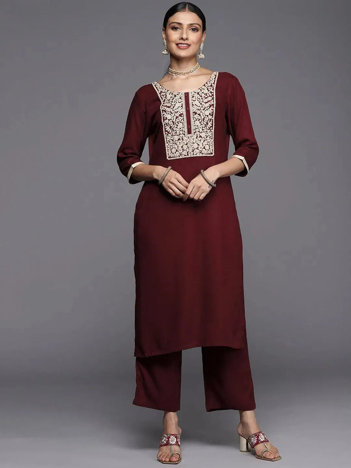Maroon Yoke Design Wool Straight Kurta - Libas