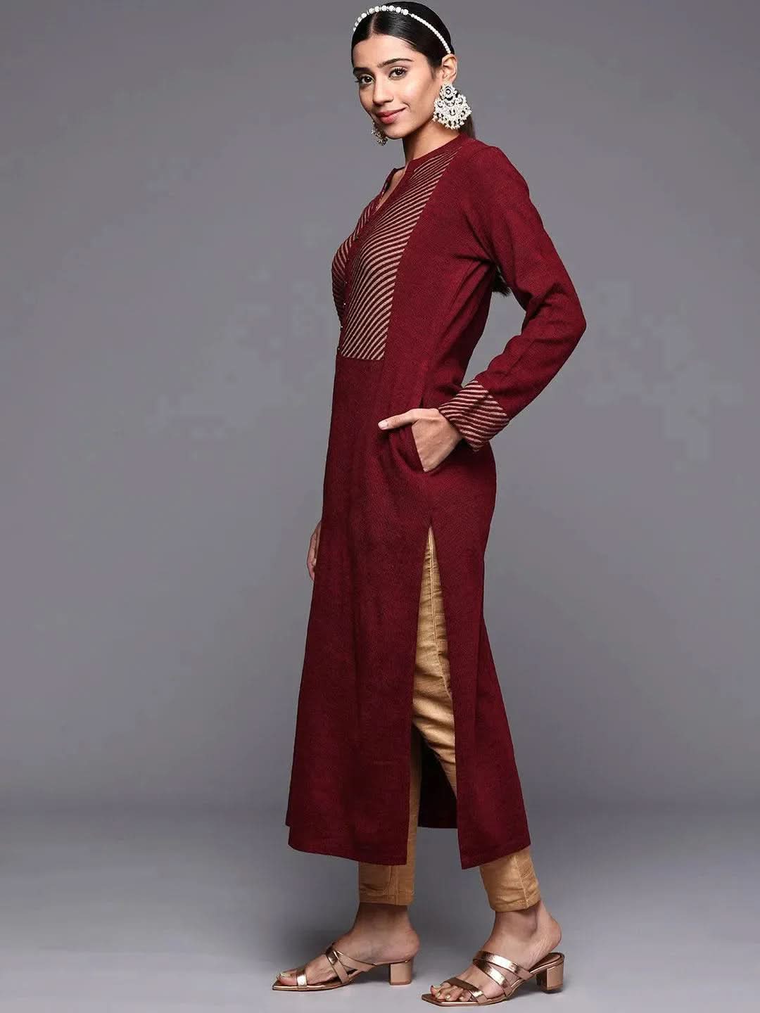Maroon Yoke Design Wool Straight Kurta - Libas 