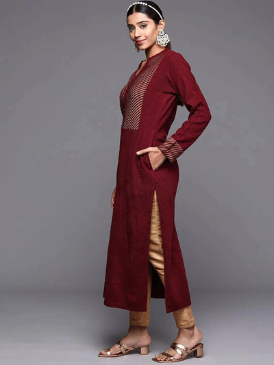 Maroon Yoke Design Wool Straight Kurta - Libas