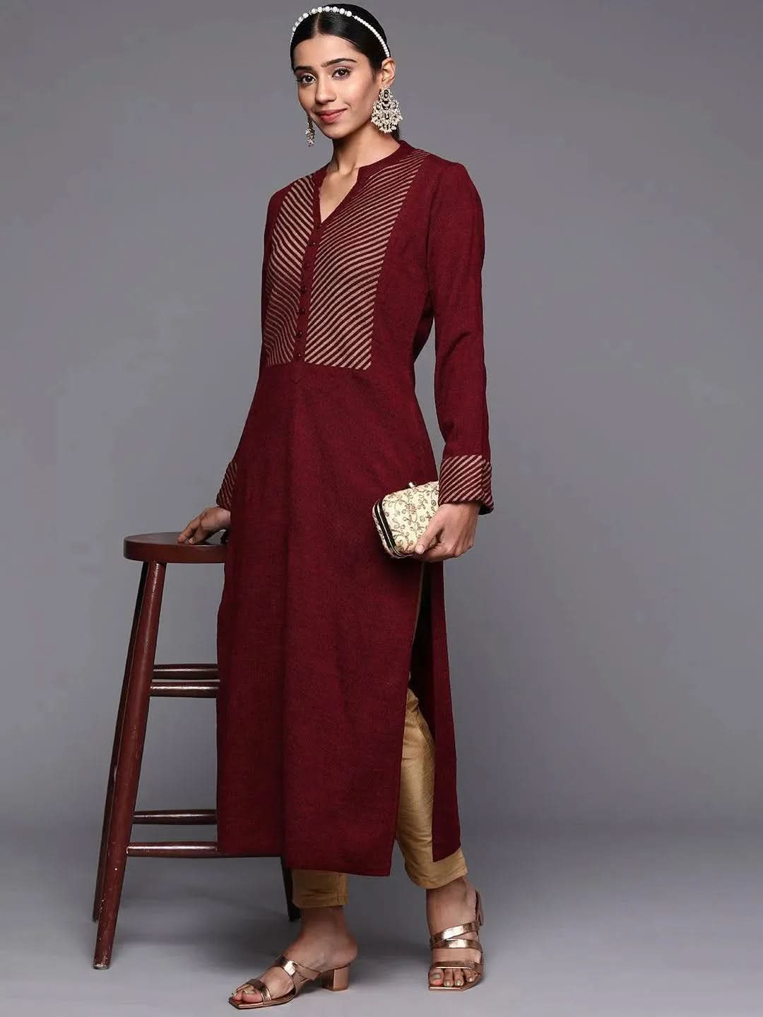 Maroon Yoke Design Wool Straight Kurta - Libas 