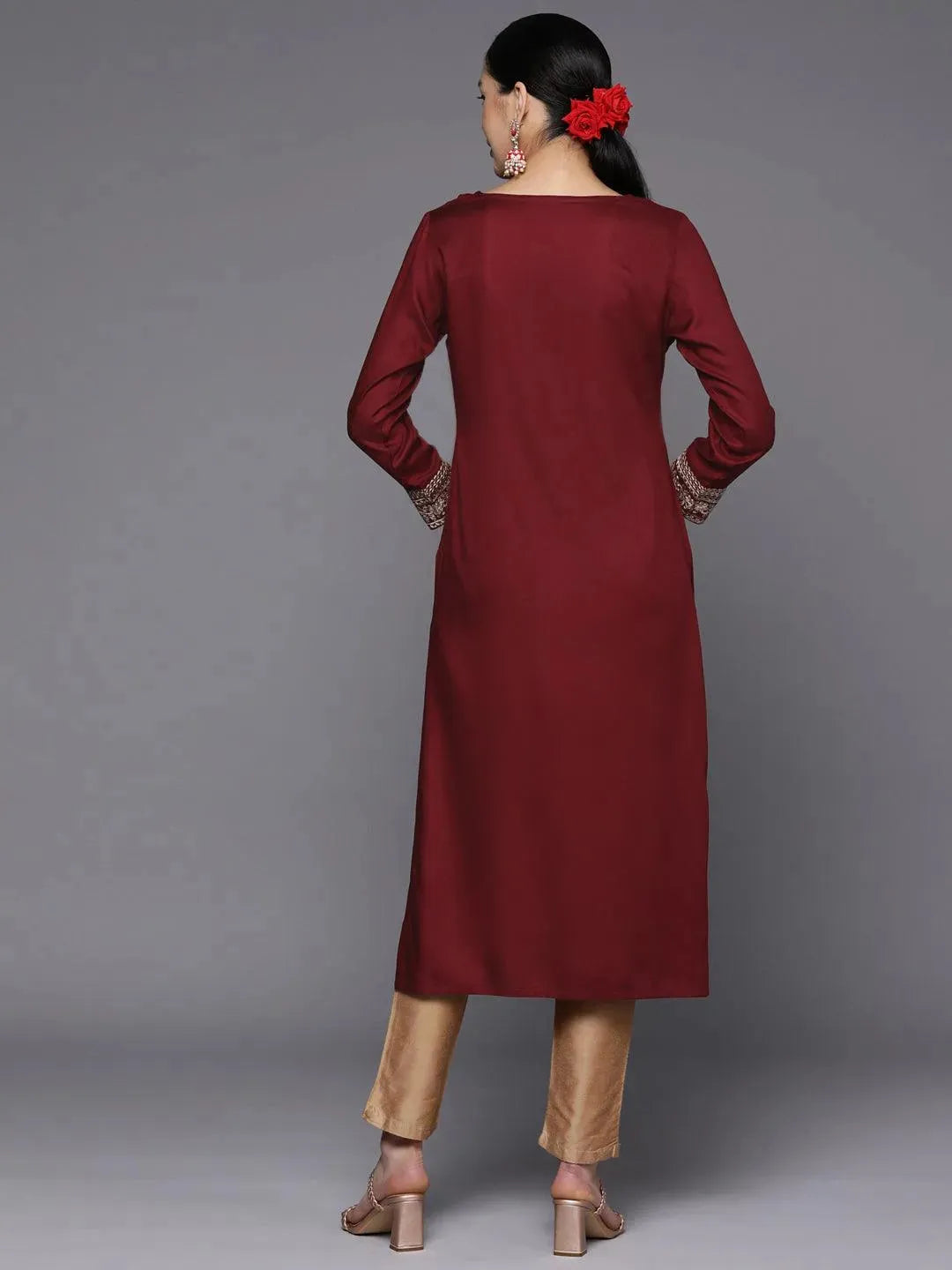 Maroon Yoke Design Wool Straight Kurta - Libas