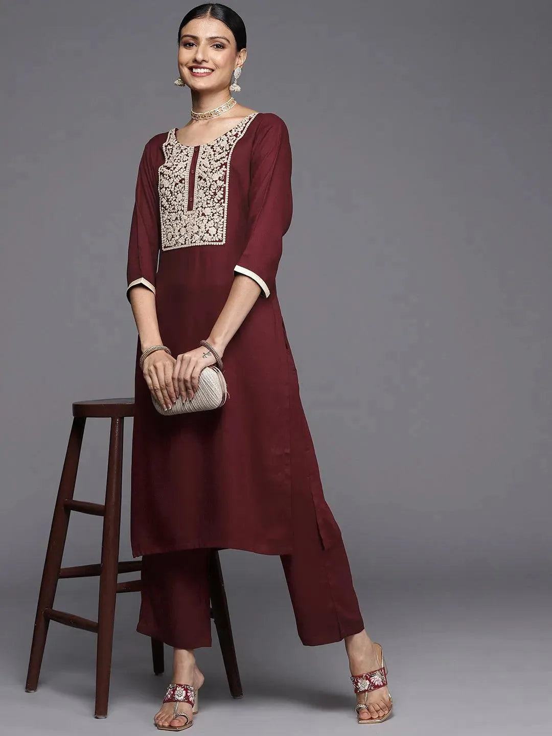 Maroon Yoke Design Wool Straight Kurta - Libas 