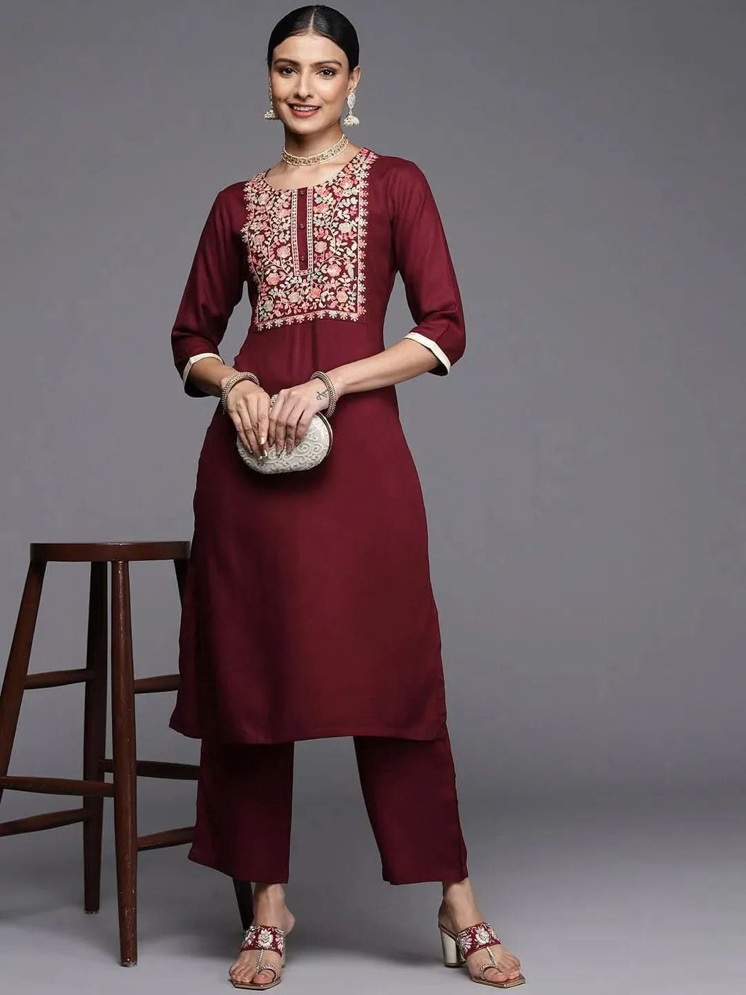 Maroon Yoke Design Wool Straight Kurta - Libas 