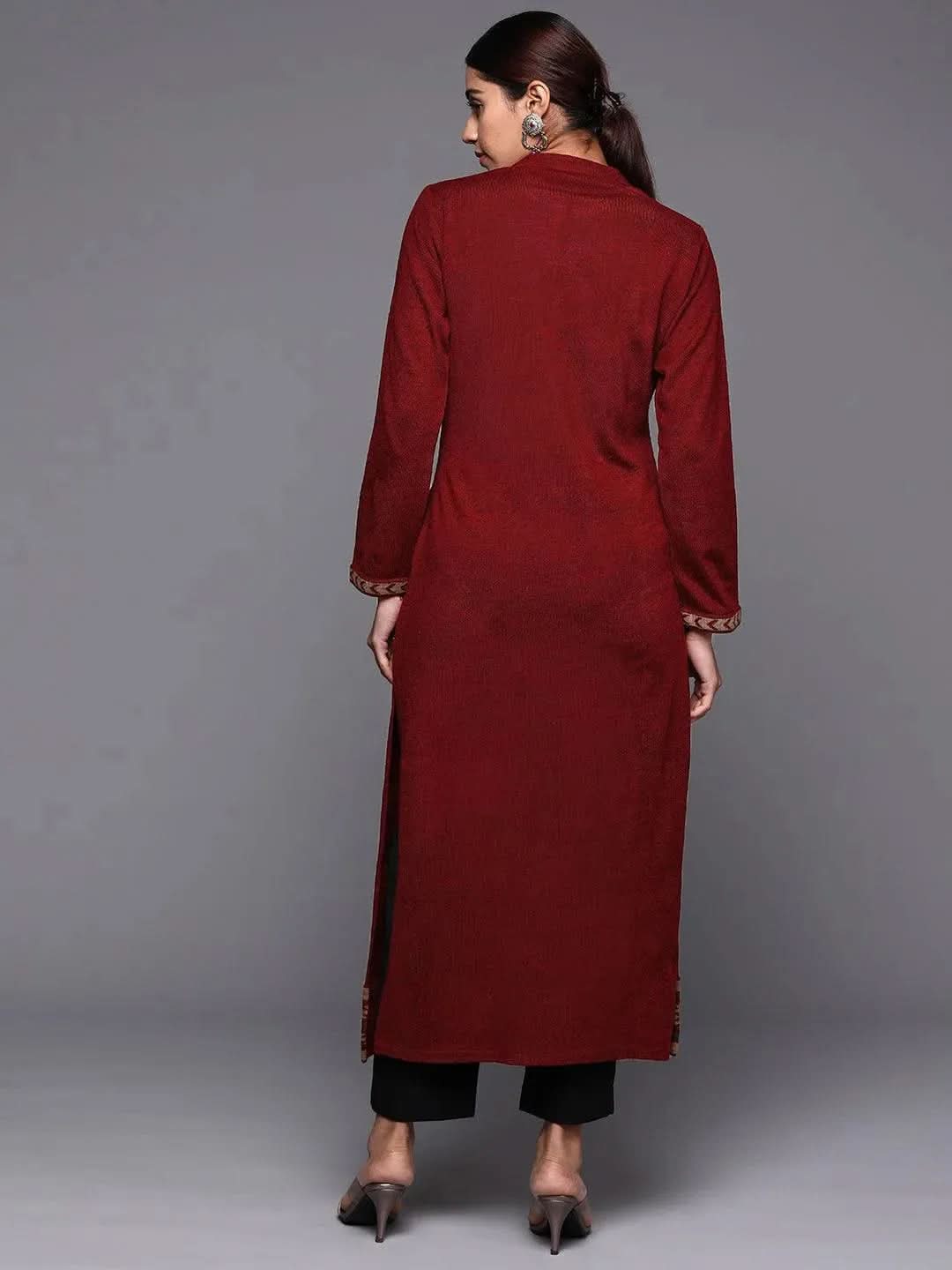 Maroon Yoke Design Wool Straight Kurta - Libas 