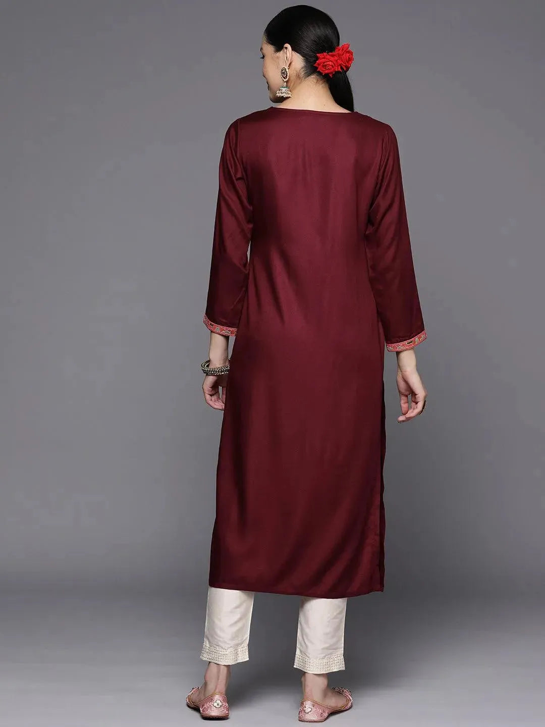 Maroon Yoke Design Wool Straight Kurta - Libas