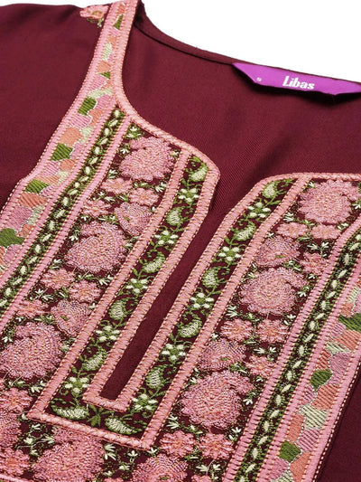 Maroon Yoke Design Wool Straight Kurta - Libas