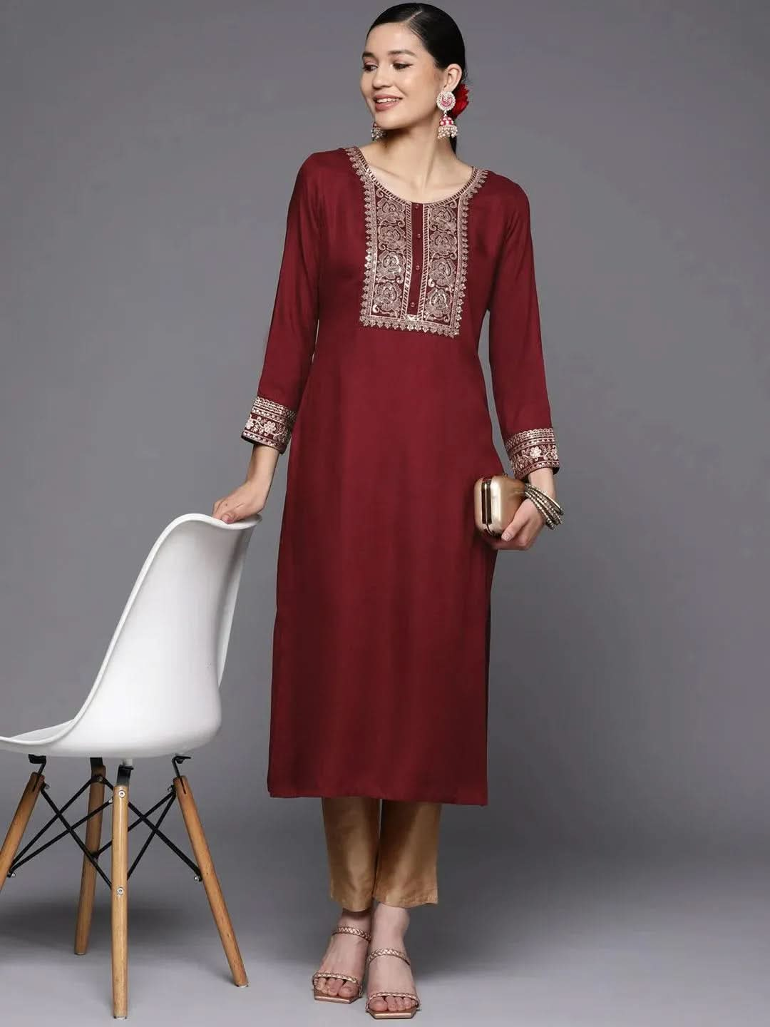 Maroon Yoke Design Wool Straight Kurta - Libas