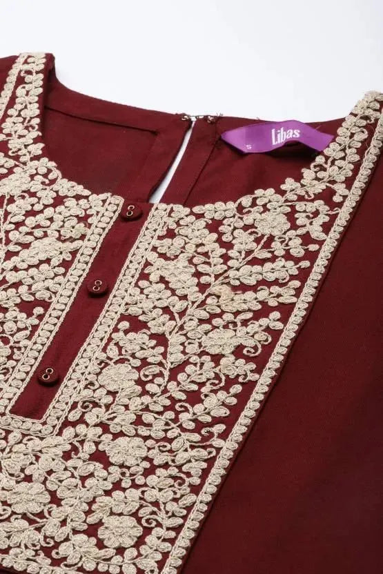 Maroon Yoke Design Wool Straight Kurta - Libas 