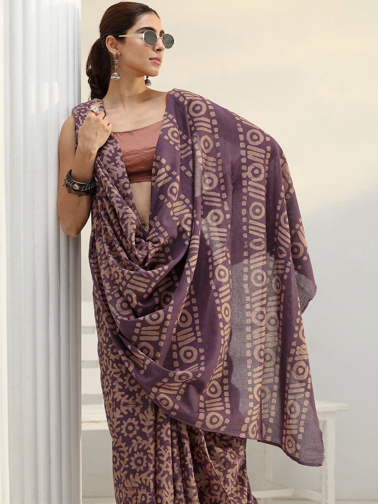 Libas Mauve Batik Print Cotton Saree