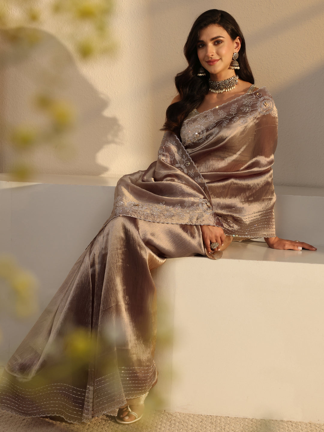  Libas Mauve Embellished Chiffon Saree With Unstitched Blouse Piece 