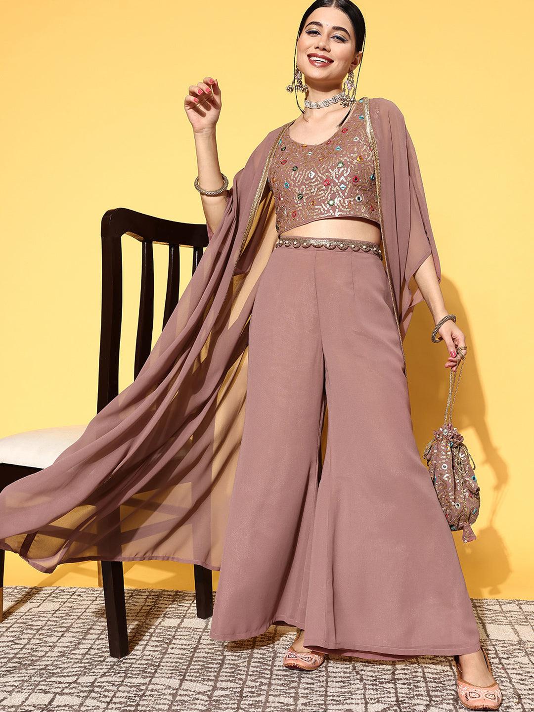 Mauve Embellished Georgette Top With Palazzos & Shrug