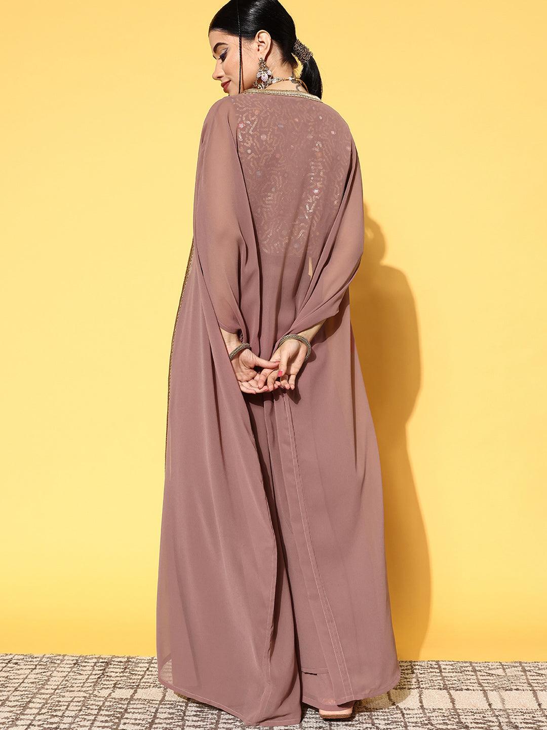 Mauve Embellished Georgette Top With Palazzos & Shrug