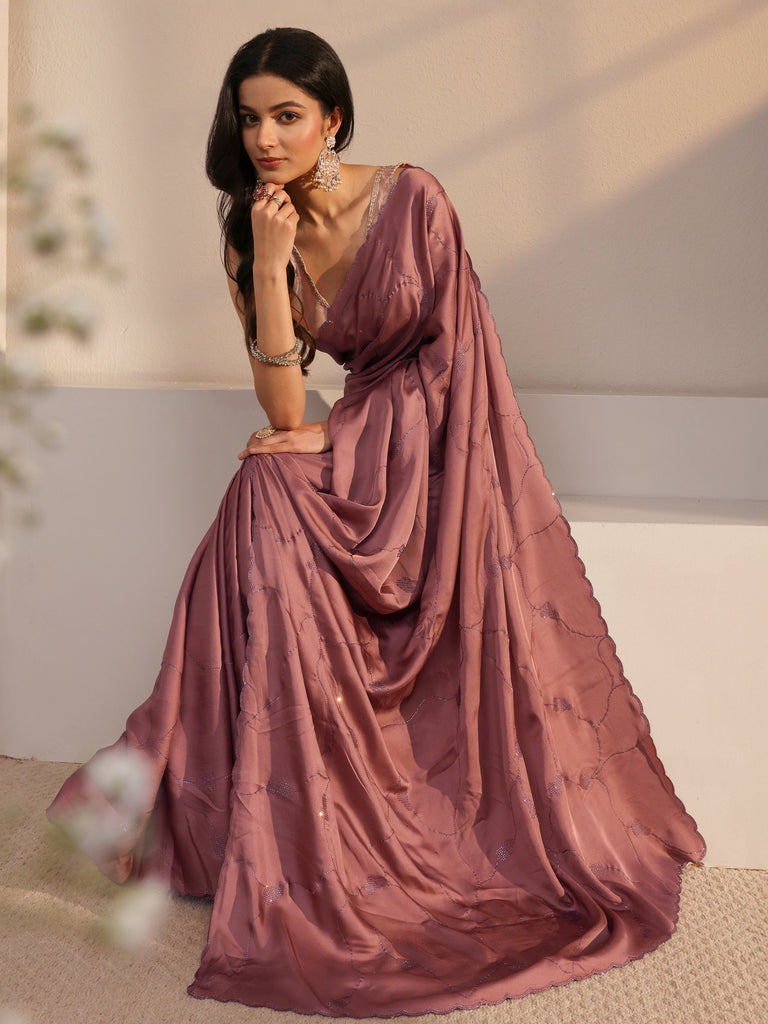 Libas Mauve Embellished Satin Saree With Unstiched Blouse Piece
